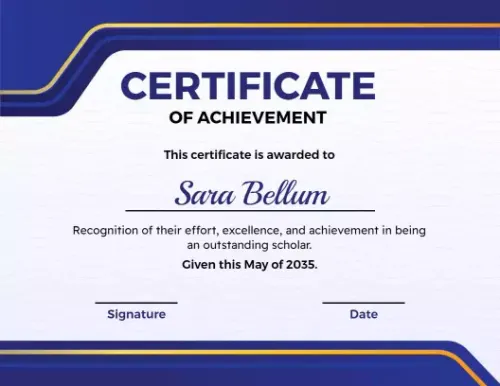 Certificate of achievement sample with signature and date fields
