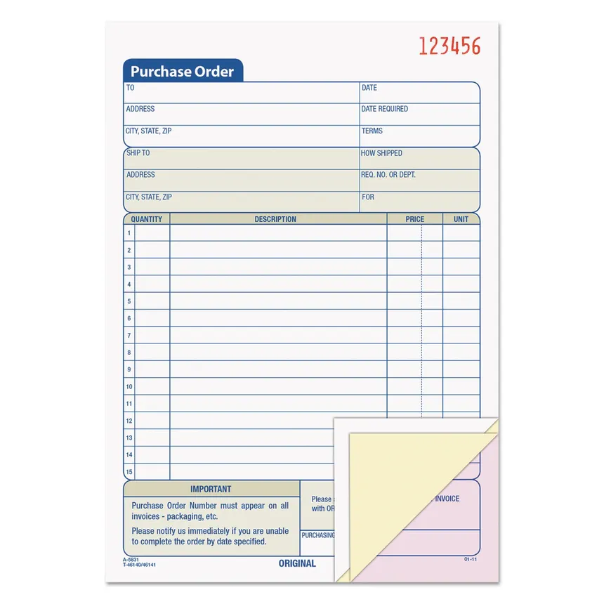 Triplicate NCR purchase order book with numbered carbonless sheets