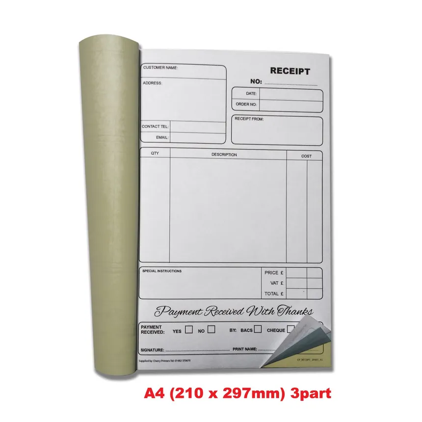 A4 three-part carbonless receipt book sample
